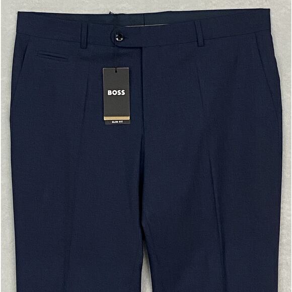 Boss Men's 38x33 Slim Fit Dress Pants Dark Blue Wool Blend Raw Hem Stretch NEW - Picture 3 of 12